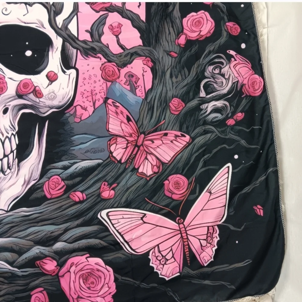 NWOT Pink and Black Floral Butterfly Whimsigoth Skull Tapestry 60